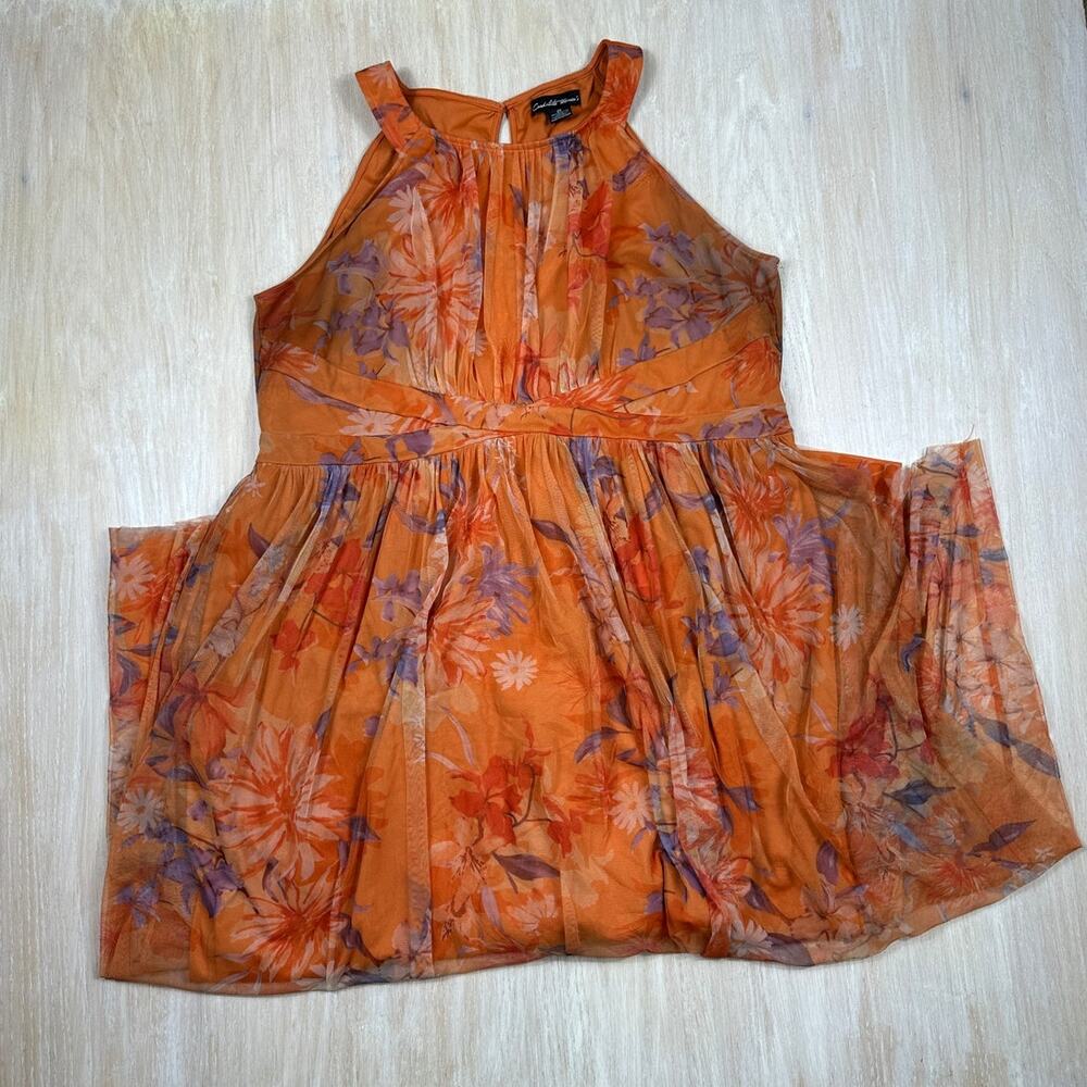 Candie's Orange Floral Mesh Sleeveless Fit Flare Midi Dress Women's 2X Plus